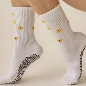 White Embroidered Pilates Grip Socks